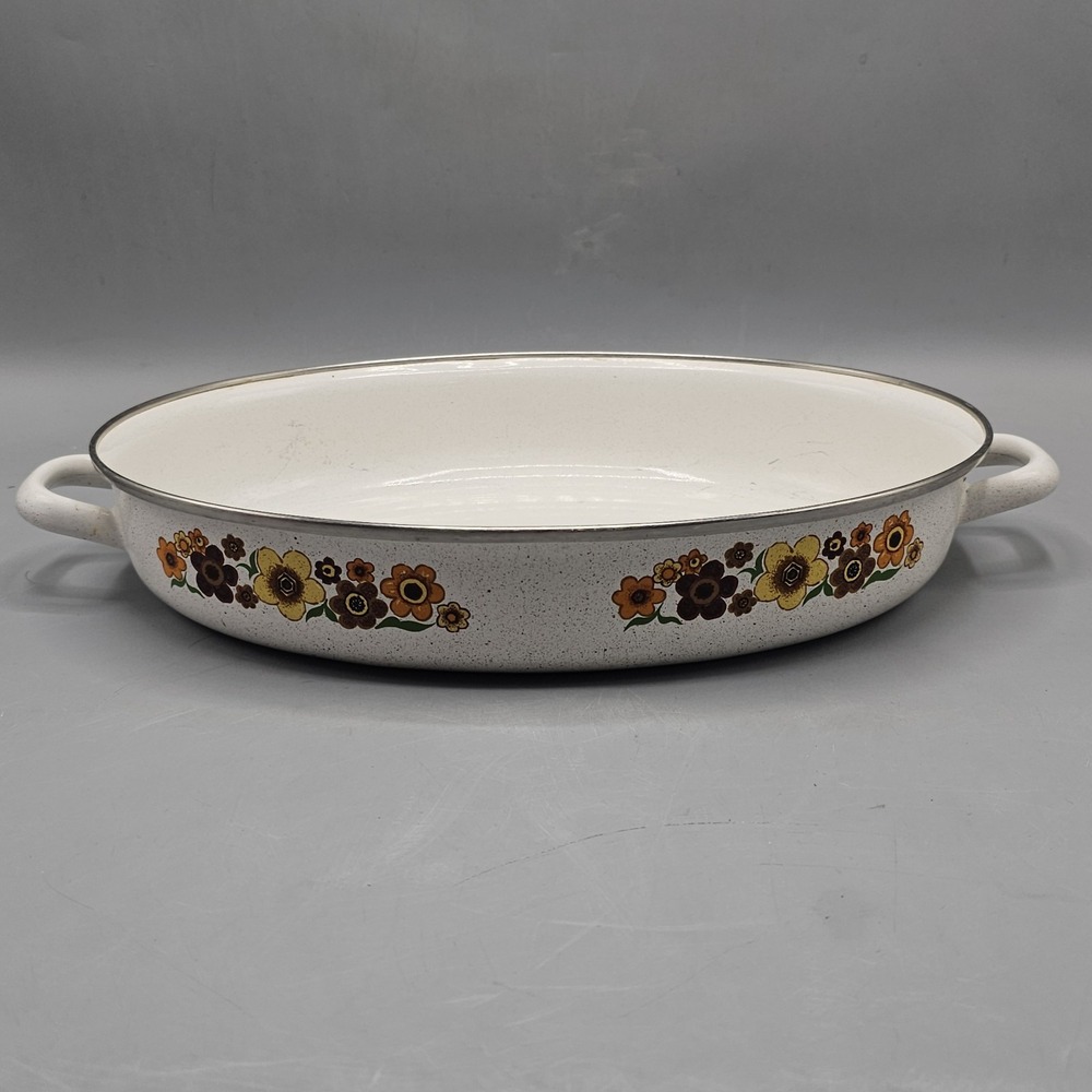 Vintage 70's Harvest Blossom Porcelain Enamel Casserole Dish Cottagecore Grandma